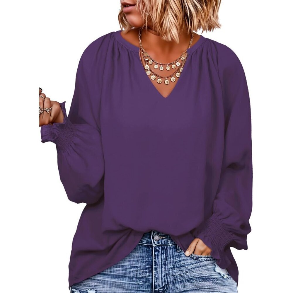 Plus Size Womens Chiffon Blouse Long Sleeve V Neck Casual Work Top